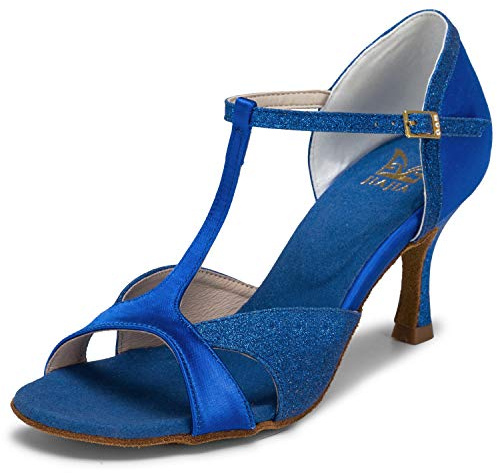 JIAJIA 2055 Latin Dam Sandaler 7,5 cm Flared Heel Super Satin Dansskor Färg Blå,Storlek 37 EU (4 UK)