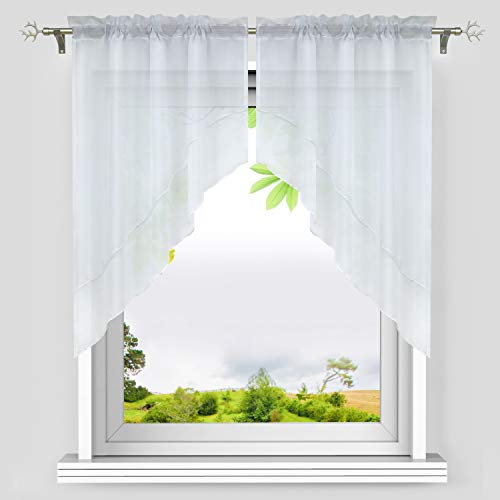 HeichkelL Voile Scheibengardine Bogen Set 2-Teilige Kleinfenster Vorhang Tunnelzug Kurzstores Doppelschichtige Küchengardinen Weiß BxH 120x145 cm (Jedes Stück)