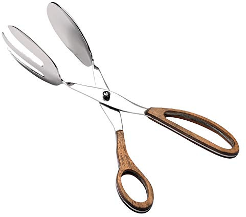 Folkulture Salad Tongs for Cooking | 11.5 Heat Resistant Kitchen Tongs, Salad Server or Metal Serving Utensil | Stainless Steel Cooking Accessory for Home, Buffet & BBQ | Wooden