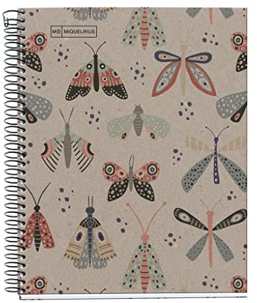 Miquelrius - Notebook-Notizbuch 100% recycelt, 1 Farbstreifen, A5, 80 kariert, 5 mm, Papier 80 g, 2 Bohrungen, Recycling-Karton, Design Ecobutterfly