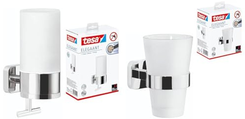 tesa® ELEGAANT Design-Seifenspender + tesa® ELEGAANT Zahnbürstenhalter, edles Design, Metall, verchromt, Milchglas, inkl. Klebelösung