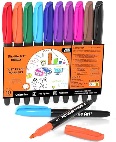 Shuttle Art Wet Erase Markers, 10 Colours Fine Tip Whiteboard Pens | Smudge-Free Wipe with Water, Works on Laminated Calendars, Overhead Transparency Project, Whiteboards, School Office Home