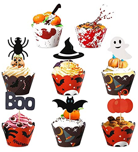 48 Stück Cupcake Toppers, Zahnstocher Cake Topper, Halloween Cupcake Wrappers, Halloween Cupcake Wrapper Dekoration, Geeignet für Kuchen, Muffins, Desserts, Halloween-Mottopartys