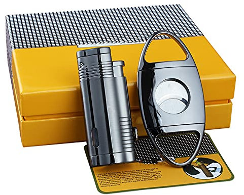 HB1 2Pcs Cigar Lighter Cutter Set Windproof Adjust the Size Lightly Press Ignition Jet Lighter Metal Cutter Cigar Scissors Knife with Gift Box