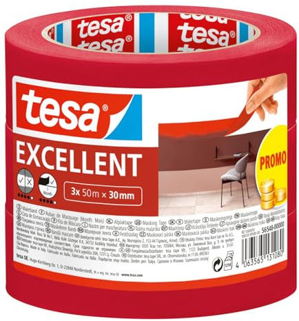 tesa Maskeringstejp Excellent - Maskeringstejp med tunt bärarmaterial av papper för maskering vid målningsarbetet - för alla färger, lacker och lasyrer - för inomhusbruk - 3x 50 m x 30 mm