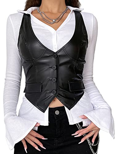 Chaqueta de cuero de la PU con botones para mujer, chaleco halter Dressy punk corsé Top V-cuello sin mangas Y2K chaleco chaqueta, Negro, L