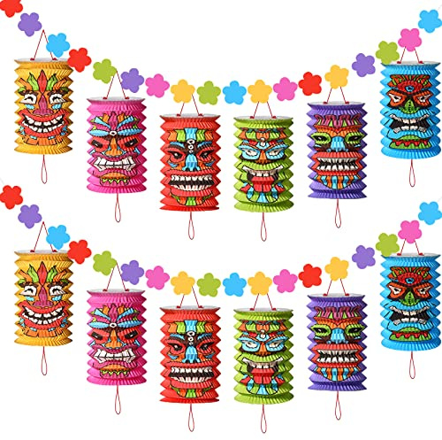 2Pcs Hawaiian Luau Party Decorations 10 ft Tiki and Flowers Lantern Banners