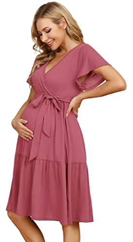 KOJOOIN Damen Umstandskleid V-Ausschnitt Stillkleid Casual Schwangerschafts Kleider mit Rüsche Rosa(Kurzarm) L