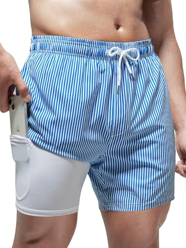 Arcweg badshorts för män med kompressionsfoder badbyxor för män 2-i-1 badshorts med foder med blixtlåsfickor snabbtorkande surfing stretchiga strandshorts, Blå ränder, L