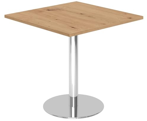 bümö Besprechungstisch, Esstisch klein, Tisch eckig 80x80 cm - Kleiner Esstisch Asteiche, Rundtisch Esstisch 2 Personen mit Holz-Platte, Säule aus Metall verchromt, Konferenztisch, Bistrotisch