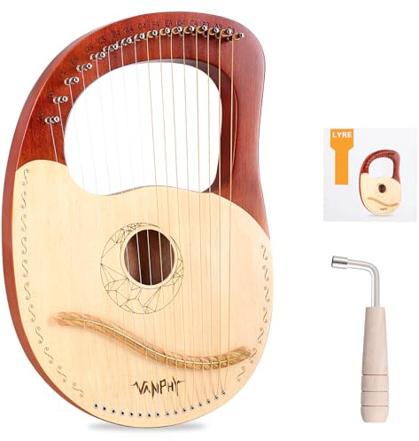 VANPHY Lyre Harp 16 Strings Mahogany Body Metal String for Beginner Harps Classical Style Harp Instrument with Tuning Wrench Strings Cleaning Cloth Strap Black Gig Bag (Brown)