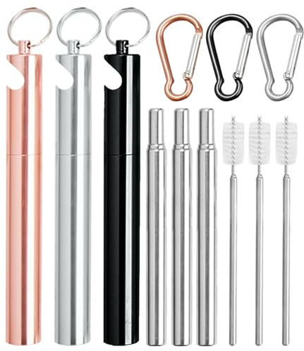 Juego de 3 pajitas de metal plegables con funda, pajitas telescópicas de acero inoxidable reutilizables con 3 cepillos de limpieza telescópicos y llavero y función de abridor de cerveza para viajes,