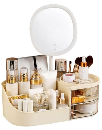 DASITON Organizer Trucchi con Specchio,Porta Trucchi Organizer con 2 Cassetti,Make Up Organizer Bagno per Cosmetici,Organizer Cosmetici Portatrucchi Organizzatore per Bagno,Camera da Letto(Crema)
