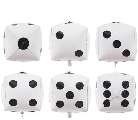 Finypa Grandi palloncini a forma di dado, 30,5 cm, decorazioni per feste, dadi gonfiabili 4D in alluminio Mylar per serate di gioco a Las Vegas, compleanno, laurea, ballo di fine anno (bianco, 6