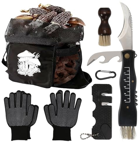 TGFIX 6 Set de Couteaux à Champignons avec Brosse et Règle Couteau à Truffes en Acier Inoxydable (avec Sac à Champignons) Gants Brosse à Champignons pour la Cueillette des Champignons