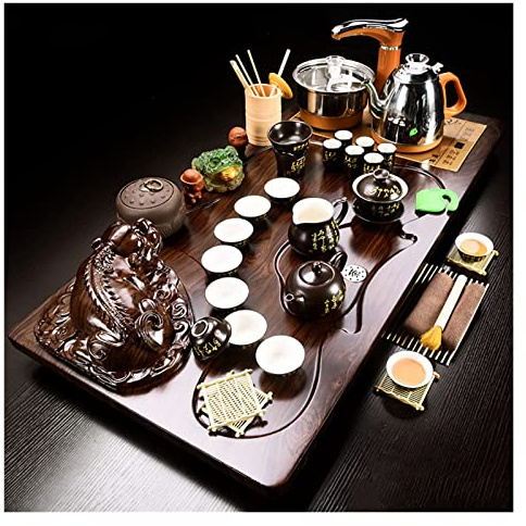 Juego de té de mesa de ceremonia de té chino, juego de té Kung Fu con bandeja de madera, almacenamiento de agua de drenaje y juego de té de cerámica con calentador de agua automático