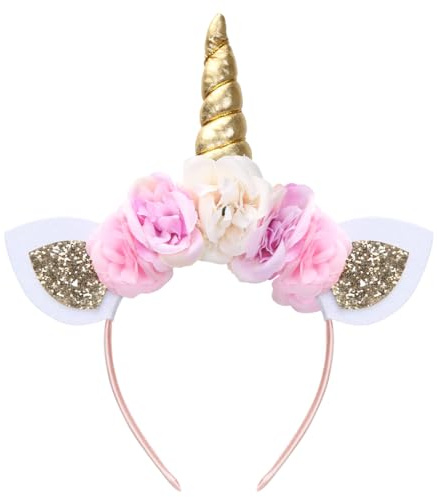 Capaneus Einhorn Haarreif, Haarreif Einhorn mit Ohren Blumen, Einhorns Haarreifs Haarschmuck für Kinder Damen Karneval Fasching Geburtstag Halloween Accessoires