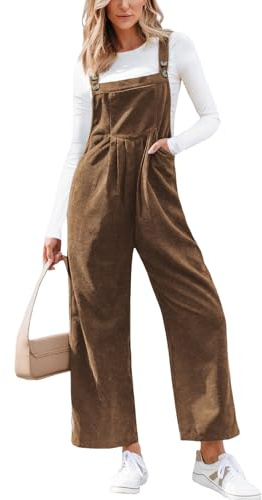 CUPSHE Damen Cord Latzhosen Ärmellos Overall Jumpsuit Weites Bein Lang Playsuit Herbst Winter Lose Hosenanzug mit Taschen Braun XL