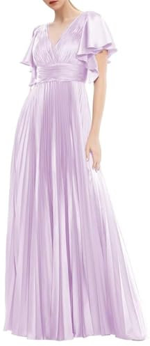 Vestido de dama de honor plisado de satén con mangas con volantes, vestido largo de invitada de boda, cuello en V, vestido formal de noche, Lila, 46