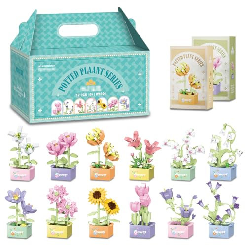 Mini Blumen Sukkulenten Bausteine Set, 12 Sukkulenten Blumenbonsai Bauspielzeugset, Pflanzen Klemmbausteine Blumen mit Verpackungsboxen für Home Deko, Kreatives Bauprojekt für Erwachsene Kinder 6+