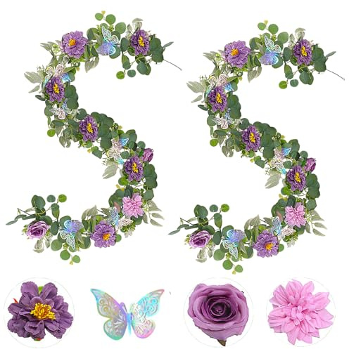 Eukalyptus Girlande Frühling 180cm mit Schmetterling Blumen Deko Frühling Blumengirlande Blumenranken Künstlich Hochzeitsdeko Blumen Girlande Hängepflanzen für Frühling Hochzeit Geburtstag (Cx2)