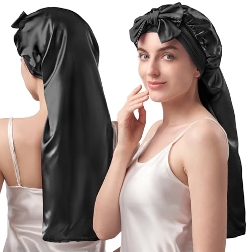 Umisleep 22 Momme 100% Maulbeerseide Schlafmütze, Speziell für langes Haar | Doppellagige Seidenhaube zum Schlafe, weich & bequem, für langes lockiges und glattes Haar, Bänder für sicheren Halt, Schwarz