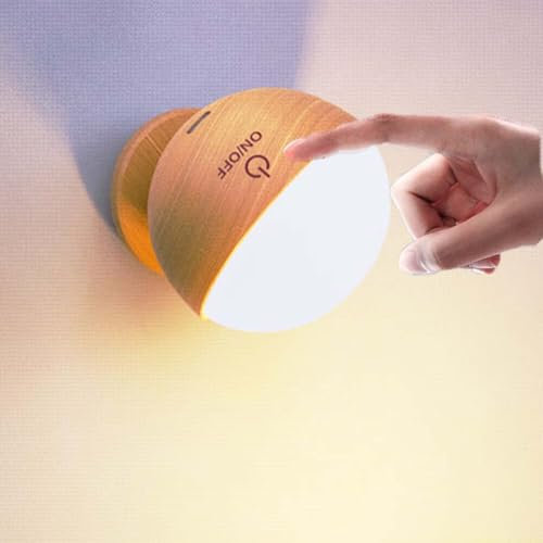 AoLa Lampada da Parete a Sfera in Legno con Batteria Ricaricabile, Luce da Parete Ricaricabile a LED per Interni con Lampada Cordless dimmerabile a sfioramento Lampada da comodin Girevole, 3000K