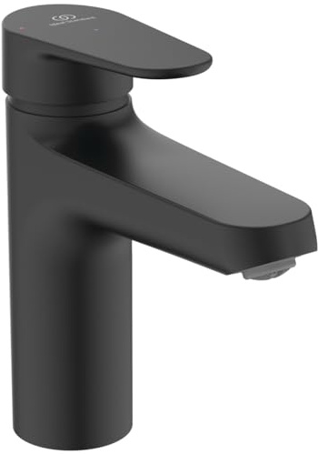 Ideal Standard Alu+ Waschtischarmatur, Auslaufhöhe 99 mm, wassersparender Wasserhahn Badezimmer, mit Ablaufgarnitur, frei von Chrom & Nickel – Schwarz Matt (46 x 156 x 160 mm)