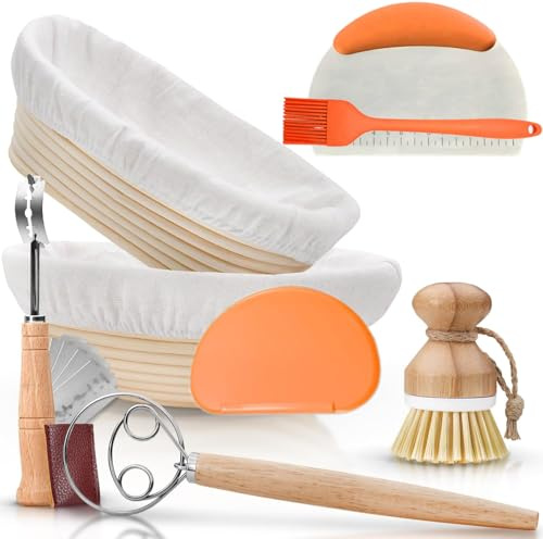 Sumeber 10-teiliges Gärkörbchen für Brot, 23cm Gärkörbchen zum Brotbacken, Sauerteig Starter Set, Brot Backen Zubehör zum Teigschneider, Leineneinsatz, Teigrührer & Brot Lame für Anfänger
