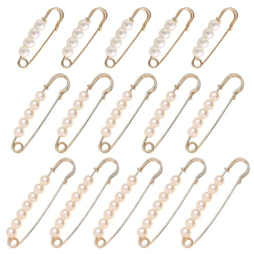 SYEYCW 15 Stück Sicherheitsnadeln Schmuck, Perlen-Broschennadeln Faux Perlen Sicherheitsnadeln Taillenspanne Perlenbroschen Set, für Kleidung Pullover Schals Röcke Dekorationen