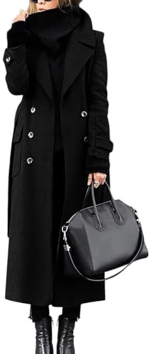 BUhuiBabubu Women's Coats, Womens Winter Double Breasted Wool Blend Coats Long Sleeve Notch Lapel Dressy Long Trench Coat Work Office Overcoat for Ladies 30th Birthday Gifts for Women,Black,M,u753k