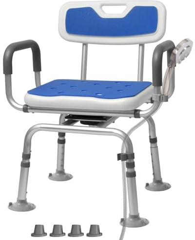 Drehbarer Duschstuhl mit Rückenlehne und Armlehnen, drehbarer Badstuhl, Handicap-Duschstuhl mit kältebeständigen Pads, unterstützt 180 kg, werkzeuglose Montage, drehbarer Duschstuhl für Innendusche