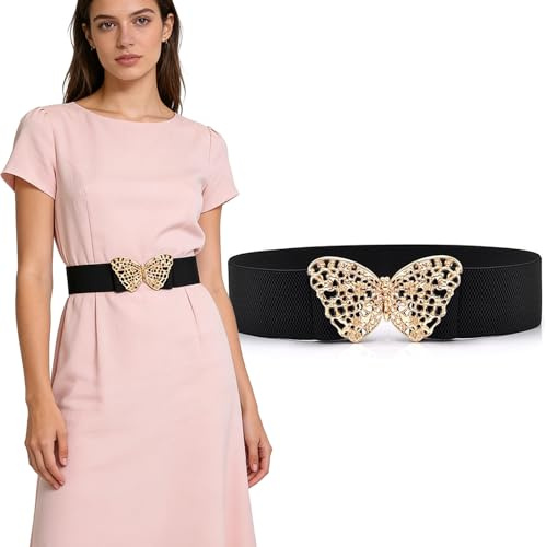 FOSDICK Breiter Elastischer Gürtel Damen, Taillengürtel Damen Breit, Stretchgürtel Damen, Damengürtel mit Schmetterling Schnalle, Belt Women, Stretch Gürtel Frauen, Hüftgürtel für Kleider (Schwarz)