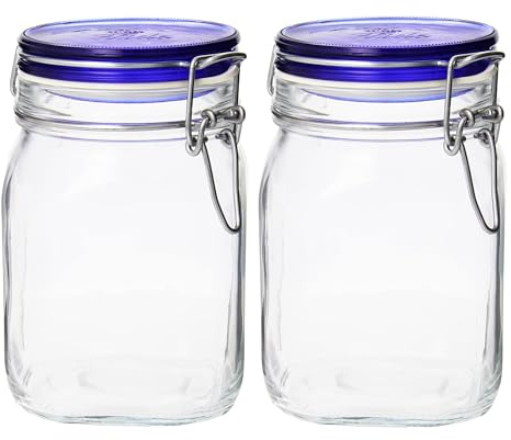 Bormioli Rocco Fido Collection, 2 Pack, 33¾ Oz. Food Storage Glass Jars, Airtight Rubber Seal & Glass Lid, With Stainless Wire Clamp, Made In Italy.