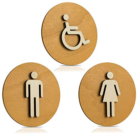 Panneau pour porte de toilette - En bois - Avec pictogrammes femme, homme et personnes handicapées - Couleur : noyer clair, Bois, Damen+herren+behinderten, Ø 18cm
