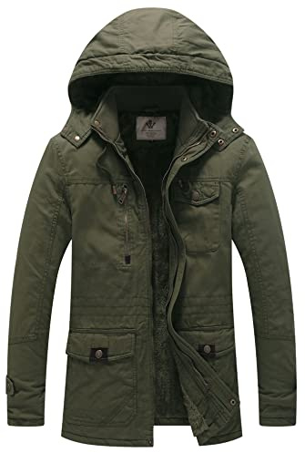 WenVen Giacca Militare Calda Invernale Cappotto con Cappuccio Staccabile a Vento Parka da Esterno Media Lunga Giubbotto Imbottito in Cotone Uomo Verde Militare S
