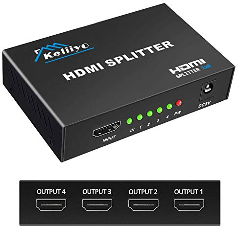 KELIIYO HDMI Splitter 1 in 4 Out V1.4b Powered HDMI Video Splitter with AC Adaptor Duplicate/Mirror Screen Monitor Supports Ultra HD 1080P 2K x4K@30Hz and 3D Resolutions (1 Input to 4 Outputs)