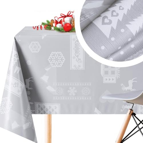 KP HOME Wachstuch, rechteckig, 200 x 140 cm, Tischdecke aus Kunststoff, PVC, abwischbar, leicht zu reinigen, wasserdicht, für die Küche, aus Vinyl, Grau, Wachstuch, mit Rentier und weißen
