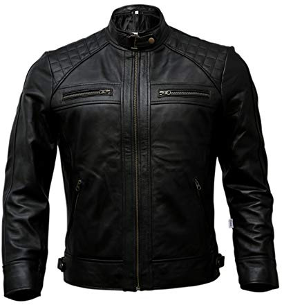 Mens Genuine Leather Biker Jacket Black | Vintage Brown Distressed Lambskin Motorcycle Jackets for Men (Black, Small)