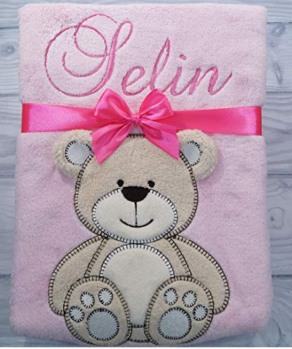 ★ Babydecke mit Namen und Datum bestickt ★ Baby Geschenke ★ Geburt ★ (Rosa - Teddybär)