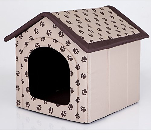 millybo Hundehöhle Hundebett Hundehaus Hundehütte R1-R6 (R2 (44 x 38 cm), beige mit Muster (Pfötchen))