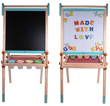 Classic World Doppelseitige Multifunktionstaffelei aus Holz, faltbar, höhenverstellbar, inklusive magnetischem Zeichen-Whiteboard, Kreidetafel, 6 Farbbecher, 26 Alphabete, 54 x 45 x 113 cm, ab 3