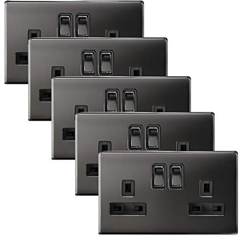 5 x Double Wall Socket Switched Black Nickel 2 Gang Screwless 13a Double Pole N410-GME