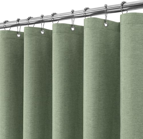 VANZAVANZU Duschvorhang Leinen mit Metall Duschvorhangringe Stoff Textil Badewannenvorhang Anti Schimmel Bad Vorhang Set Wasserdicht Schwerer Badewanne Vorhang - 182 x 182cm (Grün)