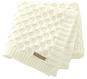Surwin Strickdecke Babydecke Kuscheldecke Baumwolle, Mädchen und Jungen Babys Gestrickt Kinderdecke Freien Krabbeldecke Perfekt für Kinderwagen Babybett (80x100cm,Weiß)