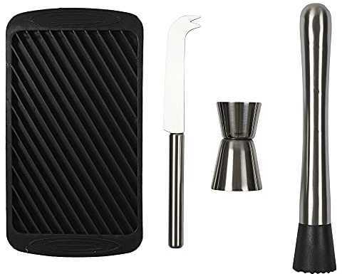 COOK CONCEPT Coffret à Mojito 4 Accessoires en Inox Argent et Noir | Inox, coffret à mojito 4 pièces, moule à glace doseur couteau pilon, mixologie, idée cadeau, argent et noir
