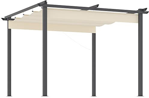 Outsunny Gazebo Pergola da Giardino 3x3m con Tenda Retrattile, Gazebo a Pergola da Esterno con Struttura in Alluminio, Bianco Crema