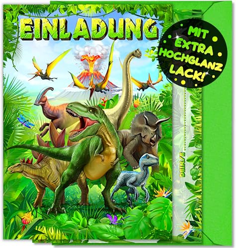 12x Dinosaurier EINLADUNGSKARTEN KINDERGEBURTSTAG Junge Mädchen + 12x Umschläge - die Dino PARTY Karten sind die Dino EINLADUNG für Jungen Mädchen Kinder GEBURTSTAG Dino KINDERPARTY Dinosaurier