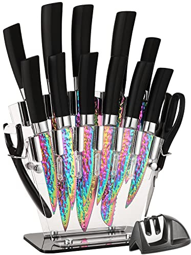 Rainbow Titanium Knife Set, Sharp Stainless Steel Knives Set with Acrylic Block,Sharpener, 6 Steak Knives, Cutlery Knife Block Set, Chef Quality for Home & Pro Use, Best Gift, Black Handle