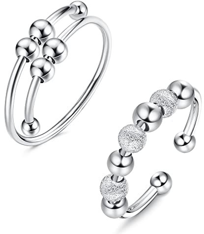 KALVICA 2 Stücke 925 Sterling Silber Angst Ringe für Damen Männer Spinner Ringe mit Perlen Silber Anxiety Ring Set Drehen Verstellbare Ring mit Stapelbare Fidget